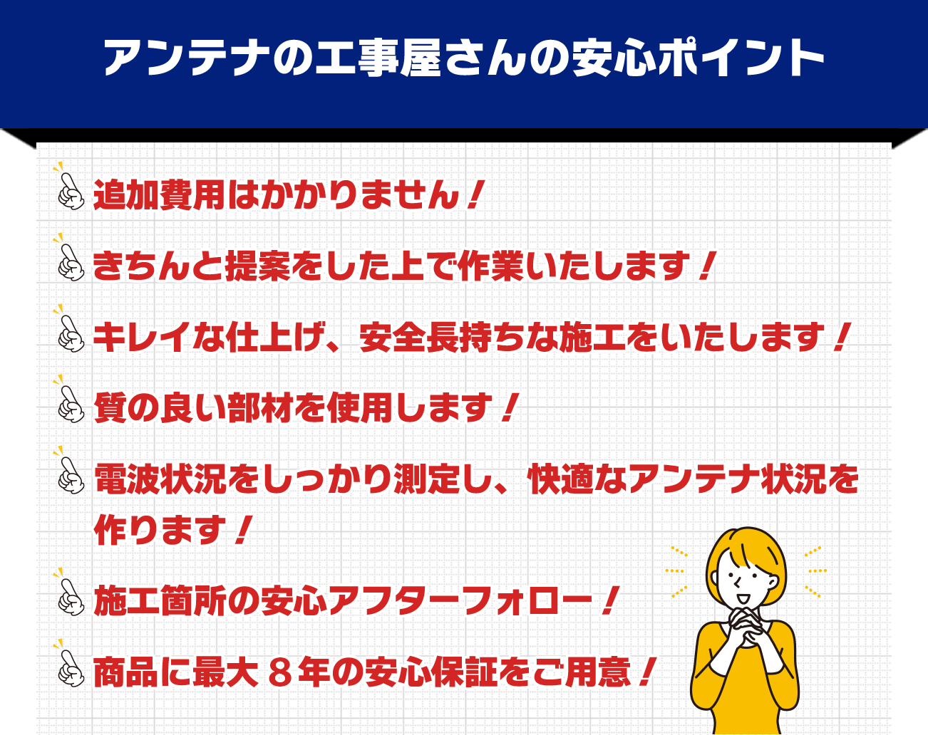 アンテナの工事屋さんの安心ポイント・追加費用はかかりません！・きちんと提案をした上で作業いたします！・キレイな仕上げ、安全長持ちな施工をいたします！・質の良い部材を使用します！・電波状況をしっかり測定し、快適なアンテナ状況を
作ります！・施工箇所の安心アフターフォロー！・商品に最大8年の安心保証をご用意！